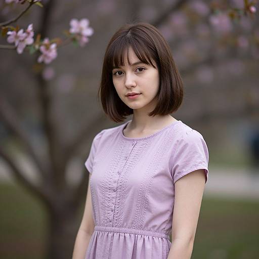 Young Asian woman with short brown hair, wearing a light purple dress, standing in front of a blurred cherry blossom tree. Photorealistic digital artwork.