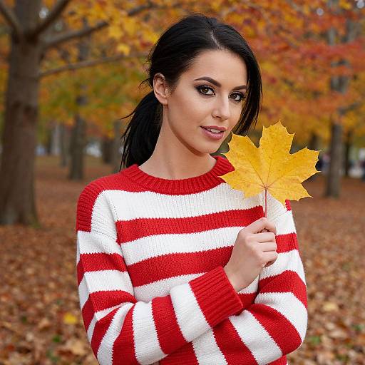 Photograph of a young woman with dark hair in a ponytail, wearing a red and white striped sweater, holding a yellow autumn leaf, standing in