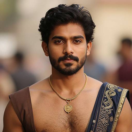 Photograph of a handsome, muscular Indian man with dark hair and beard, wearing a brown sleeveless top, gold necklace, and black sash with