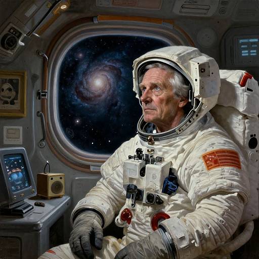 Photorealistic digital artwork of an older white male astronaut in a white spacesuit, gazing out a spaceship window at a starry galaxy.