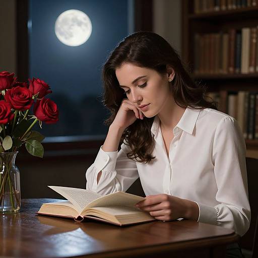 Photograph of a thoughtful woman with dark hair, wearing a white blouse, reading a book at a wooden table with red roses, under a moonlit