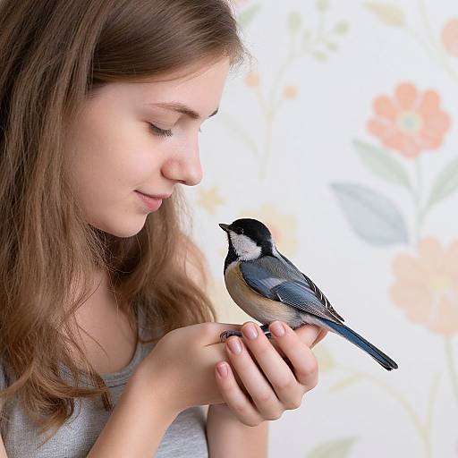 Young woman with long brown hair gently holds a small black-and-white bluebird, gazing at it with a soft smile. Bright, blurred background.