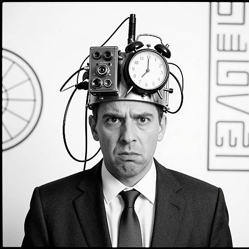 Black-and-white photograph of a serious man in a suit, wearing a camera and clock on his head, with a neutral background. High contrast, surreal