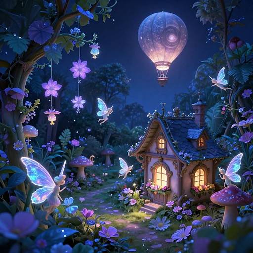 Enchanting digital artwork of a glowing, fairy-tale cottage surrounded by luminescent blue butterflies, pink flowers, mushrooms, and a floating lantern