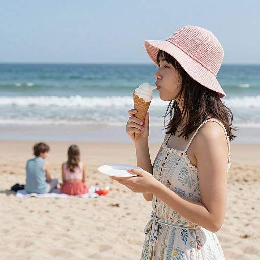 Photograph of a young woman in a floral dress and pink hat, eating an ice cream cone on a sunny beach, with two children in the background