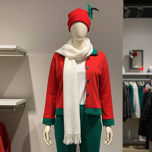 Photograph of a faceless mannequin wearing a red hat, red jacket with green trim, white scarf, and green pants in a modern clothing