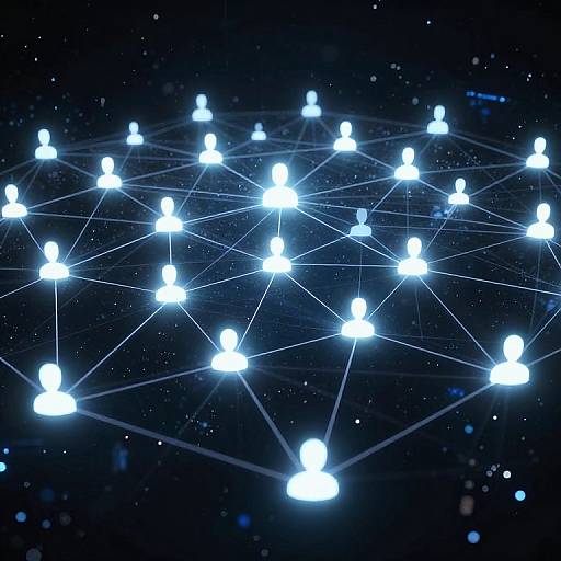 Digital CGI image of glowing white human-shaped nodes connected by blue lines against a dark, starry background, resembling a network or social graph.
