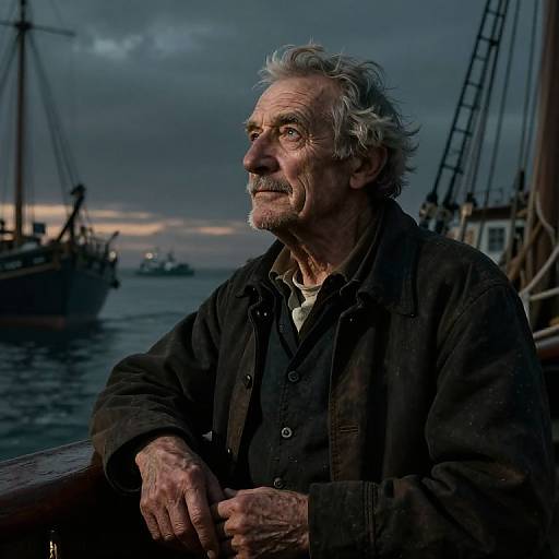 Photograph of an elderly, white-haired man with a weathered face and beard, wearing a dark jacket, gazing thoughtfully at a twilight harbor