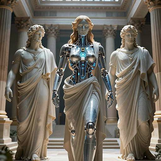 Digital artwork: Cybernetic, topless woman with glowing circuits, draped in white cloth, flanked by classical marble statues, grand neoclass