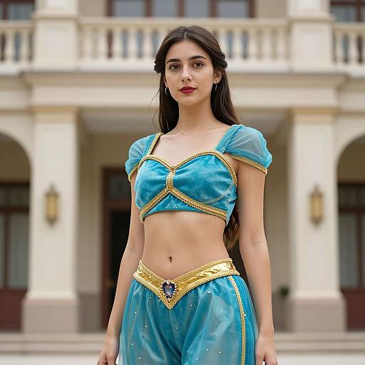 Woman in Blue and Gold Costume