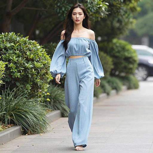 Chic Blue Off-Shoulder Street Elegance