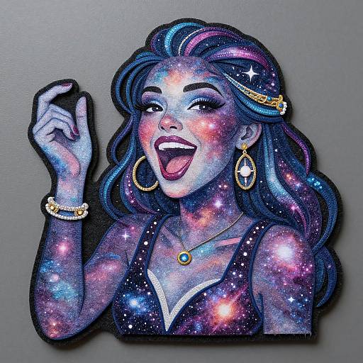 Digital drawing of a vibrant, cosmic-haired woman with starry skin, wearing gold earrings and necklace, laughing with hand raised. Dark background.