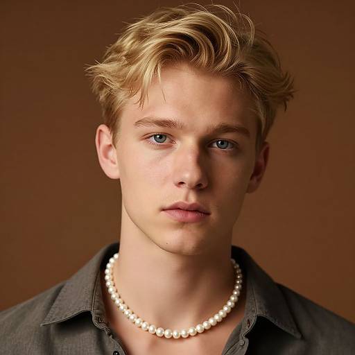 Photograph of a young, blonde, blue-eyed man with wavy hair, wearing a pearl necklace and dark button-up shirt, against a brown background