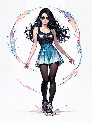 Stylish Woman in Galaxy Print Dress and Black Leggings