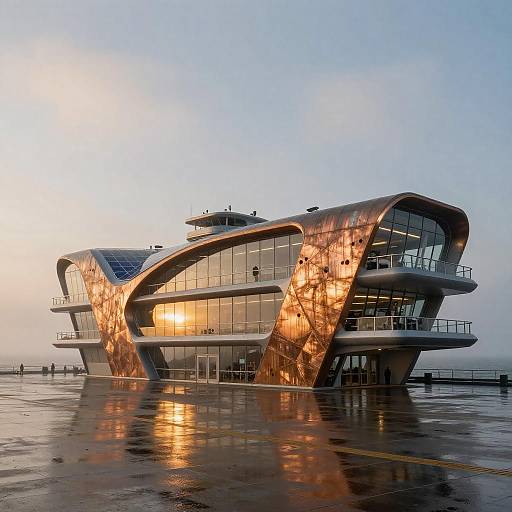 Futuristic Coastal Ferry Terminal at Dawn