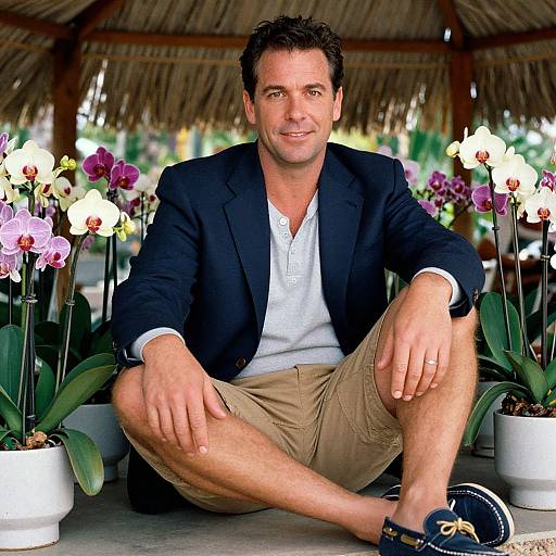Photograph of a middle-aged man with short dark hair, in a navy blazer, white shirt, beige shorts, and black sandals, sitting cross