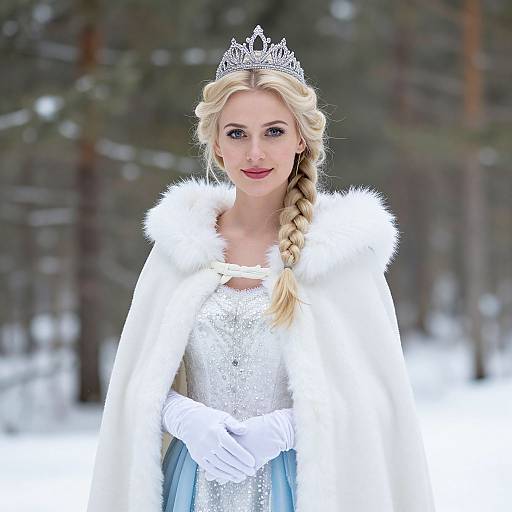 Photograph of a blonde woman with braided hair, wearing a silver tiara, white fur-trimmed cape, sparkling silver dress, and white