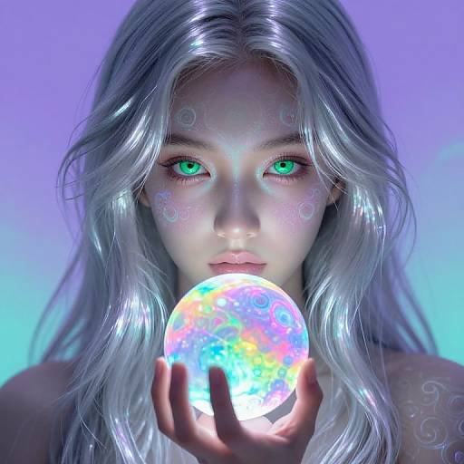 Digital CGI artwork of a silver-haired woman with glowing green eyes, holding a colorful, iridescent orb against a blue-purple gradient background.