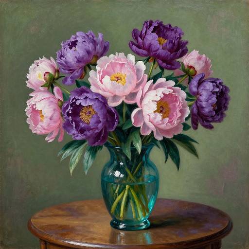 Photograph of a blue glass vase holding a bouquet of pink and purple peonies, placed on a wooden round table against a green, textured background