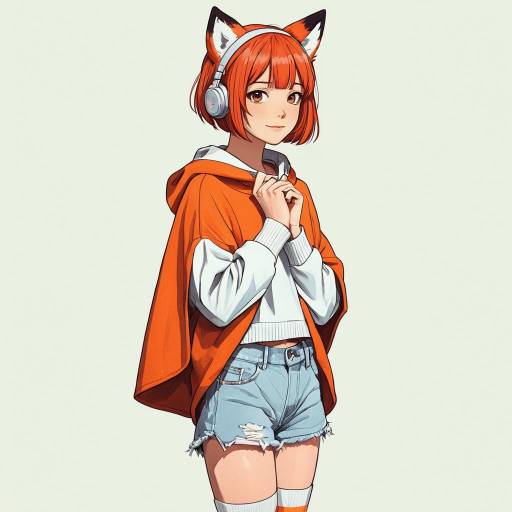 Anime Girl with Fox Ear Clips in Casual Outfit
