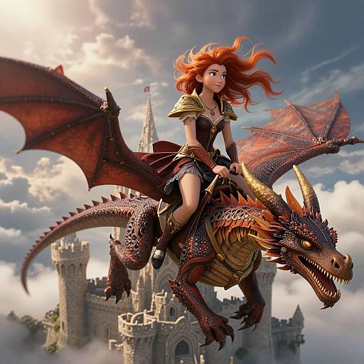 Animated Girl Riding Majestic Dragon Above Medieval Castle