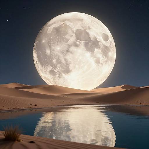 Photorealistic image of a glowing full moon over a desert oasis, reflecting in a calm, starry night water surface.