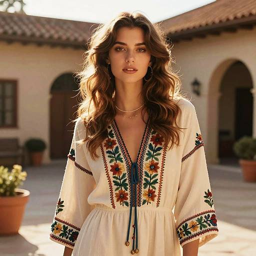 Woman with Gibson Tuck Hairstyle in Embroidered Boho Dress