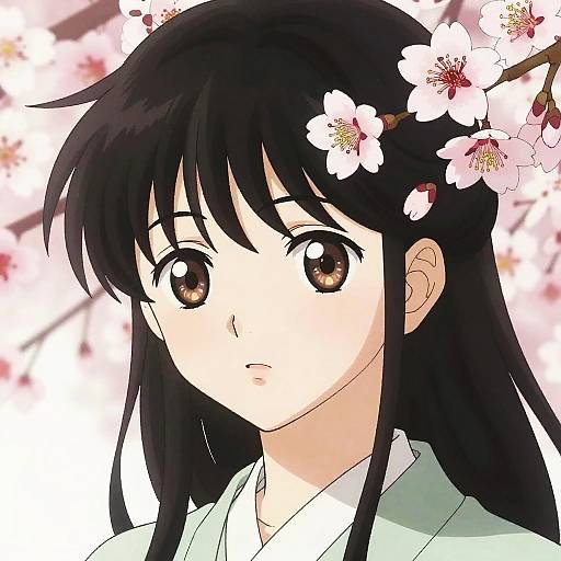 Anime-style digital drawing of a young girl with long black hair, brown eyes, and cherry blossoms in her hair, wearing a white kimono.