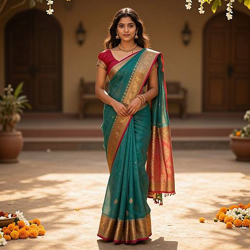Photograph of a beautiful Indian woman in a teal and gold saree with red blouse, standing confidently in a sunlit courtyard adorned with marigold