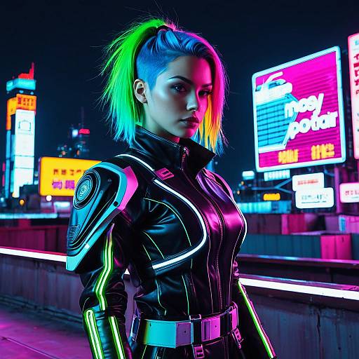 Cyberpunk Woman with Neon Hair on Rooftop