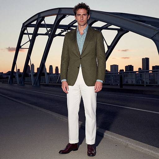 Photograph of a man in a dark green blazer, white pants, blue check shirt, and brown shoes, standing on a bridge at sunset with