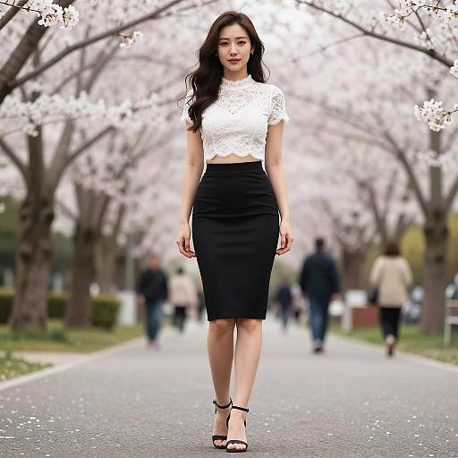Photograph of an Asian woman with long black hair, wearing a white lace top and black pencil skirt, walking down a cherry blossom-lined path in black