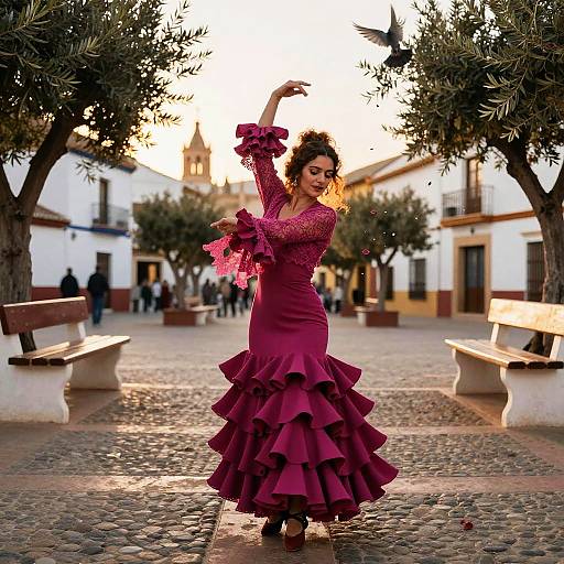 Photograph of a Latina woman in a pink ruffled flamenco dress, dancing in a sunlit, cobblestone plaza with trees and historic buildings