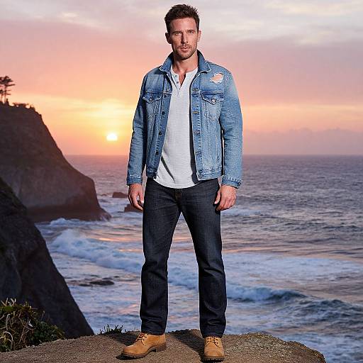 Photograph of a man with short brown hair, wearing a blue denim jacket, white shirt, black jeans, and tan boots, standing on a cliff