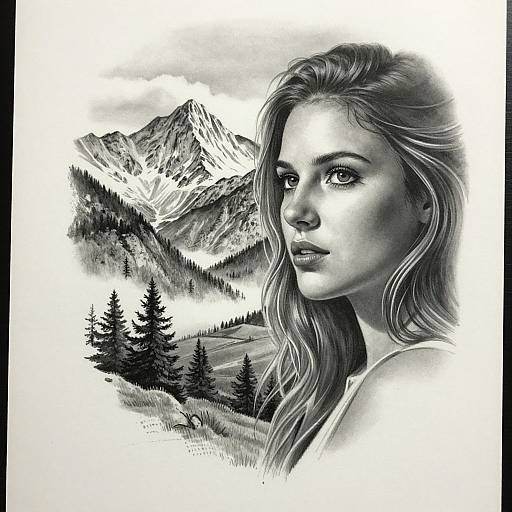 Monochromatic digital drawing of a beautiful woman with wavy hair, looking over her shoulder, set against a snowy mountain landscape with evergreen trees.