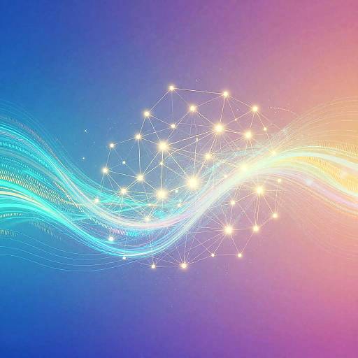 Digital art: Bright white star network with glowing lines on a gradient blue-purple to pink-orange background, creating a dynamic, radiant effect.