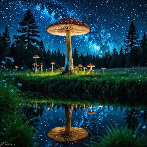 Glowing Mushroom Under Starry Night Sky