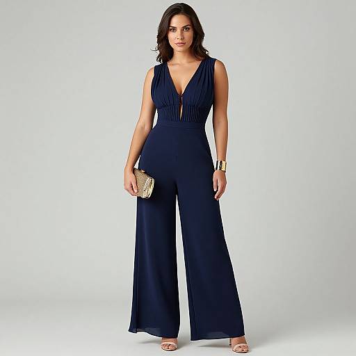 Photograph of a dark-haired woman in a deep navy blue, sleeveless, V-neck jumpsuit with wide legs, holding a gold clutch, wearing