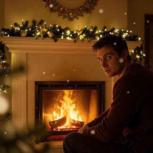 Photograph of a young man with short brown hair, wearing a brown sweater, sitting beside a warmly lit, festive fireplace adorned with Christmas garlands and