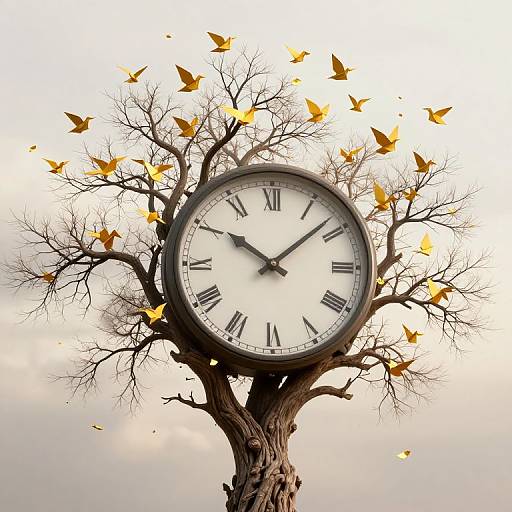 Photograph of a tree with a large, circular clock face at its center, bare branches, and yellow leaves floating around against a cloudy sky.