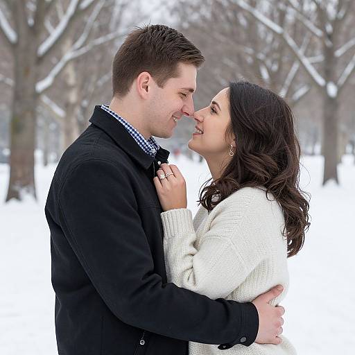 Photograph of a smiling white couple in winter; he wears a black jacket, she a white sweater, standing close in a snowy park.