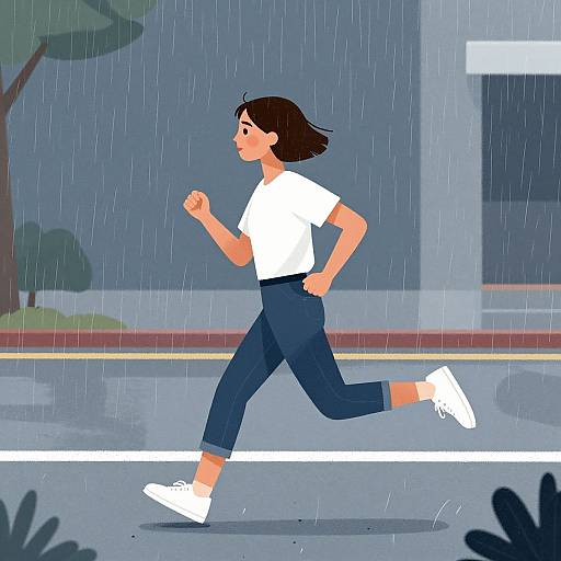Digital illustration of a woman with short brown hair, wearing a white t-shirt, navy pants, and white sneakers, running in the rain on a rainy