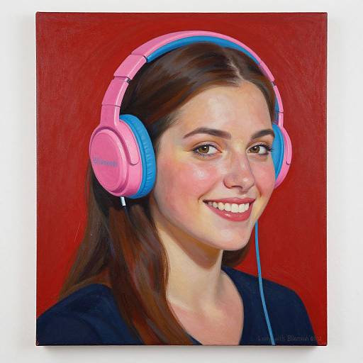 Digital painting of a smiling woman with long brown hair, wearing pink and blue headphones, against a vibrant red background.