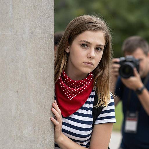 Serious Young Woman Behind Stone Pillar