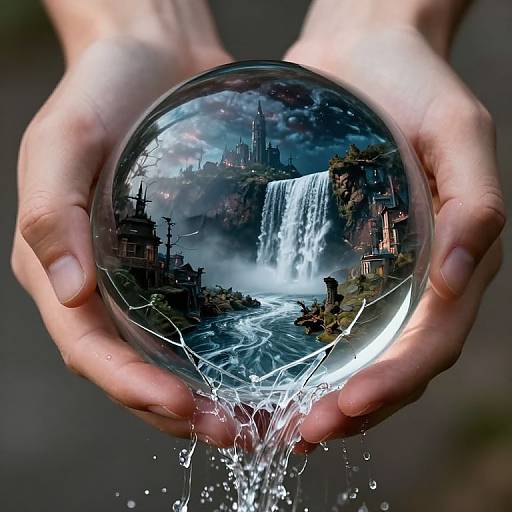 Photograph of hands holding a crystal ball reflecting a fantastical scene with a waterfall, castle, and cityscape, with water splashing from the ball