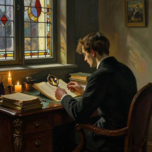 Victorian-era man in dark suit writing with magnifying glass, candlelit wooden desk, stained glass window, books, and painting in background.
