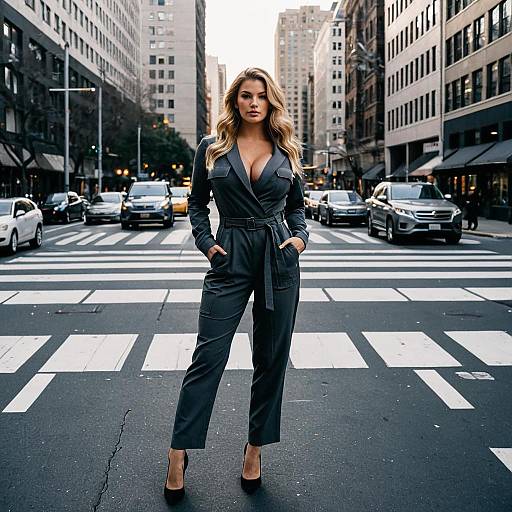 Blonde Woman in Charcoal Grey Jumpsuit Crossing City Street