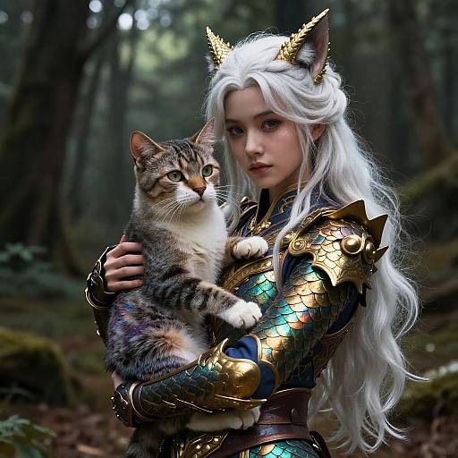 Chibi Girl with Cat in Fantasy Forest