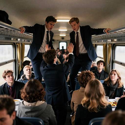 Crowded Train Compartment with Men in Suits
