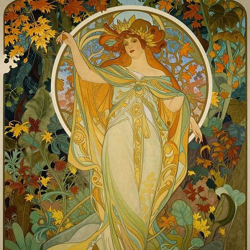 Art Nouveau-style painting of a red-haired woman in an ornate, flowing yellow-green dress, surrounded by vibrant autumn leaves and flowers, with a